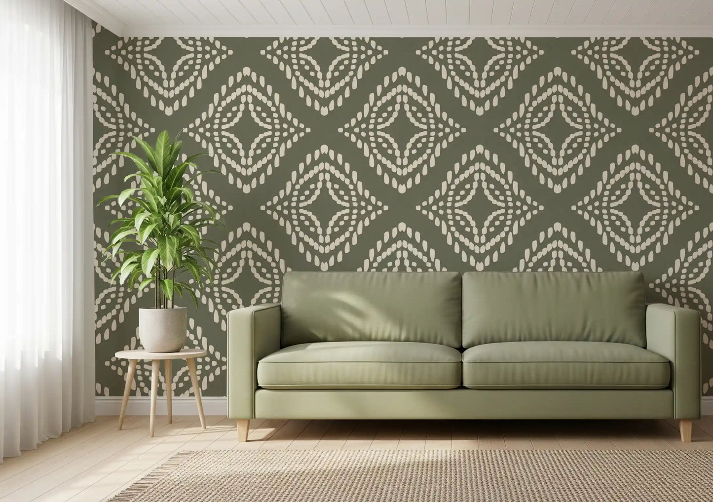 Blocktryck Ornament Palm Grön Canvas Tapet