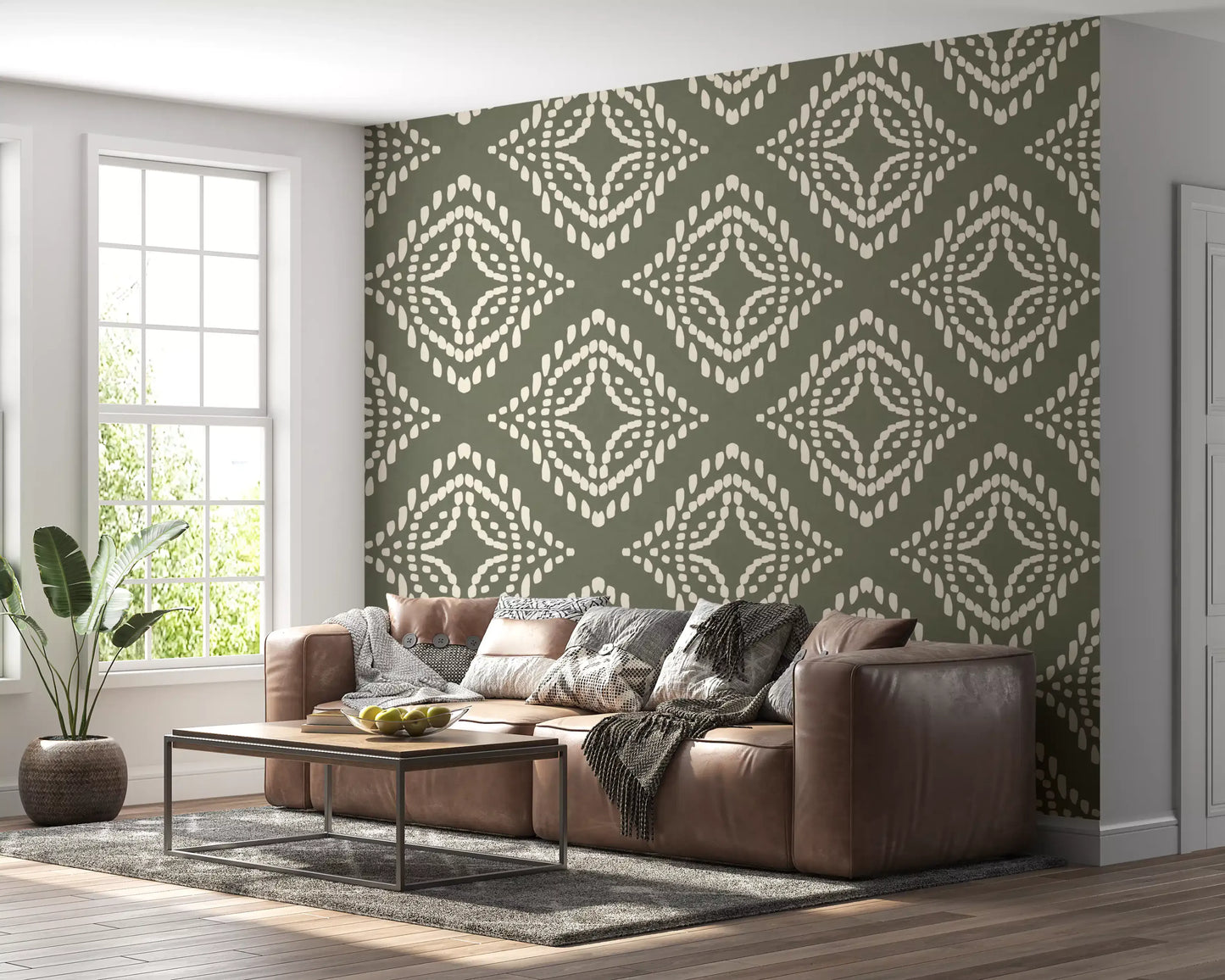 Blocktryck Ornament Palm Grön Canvas Tapet