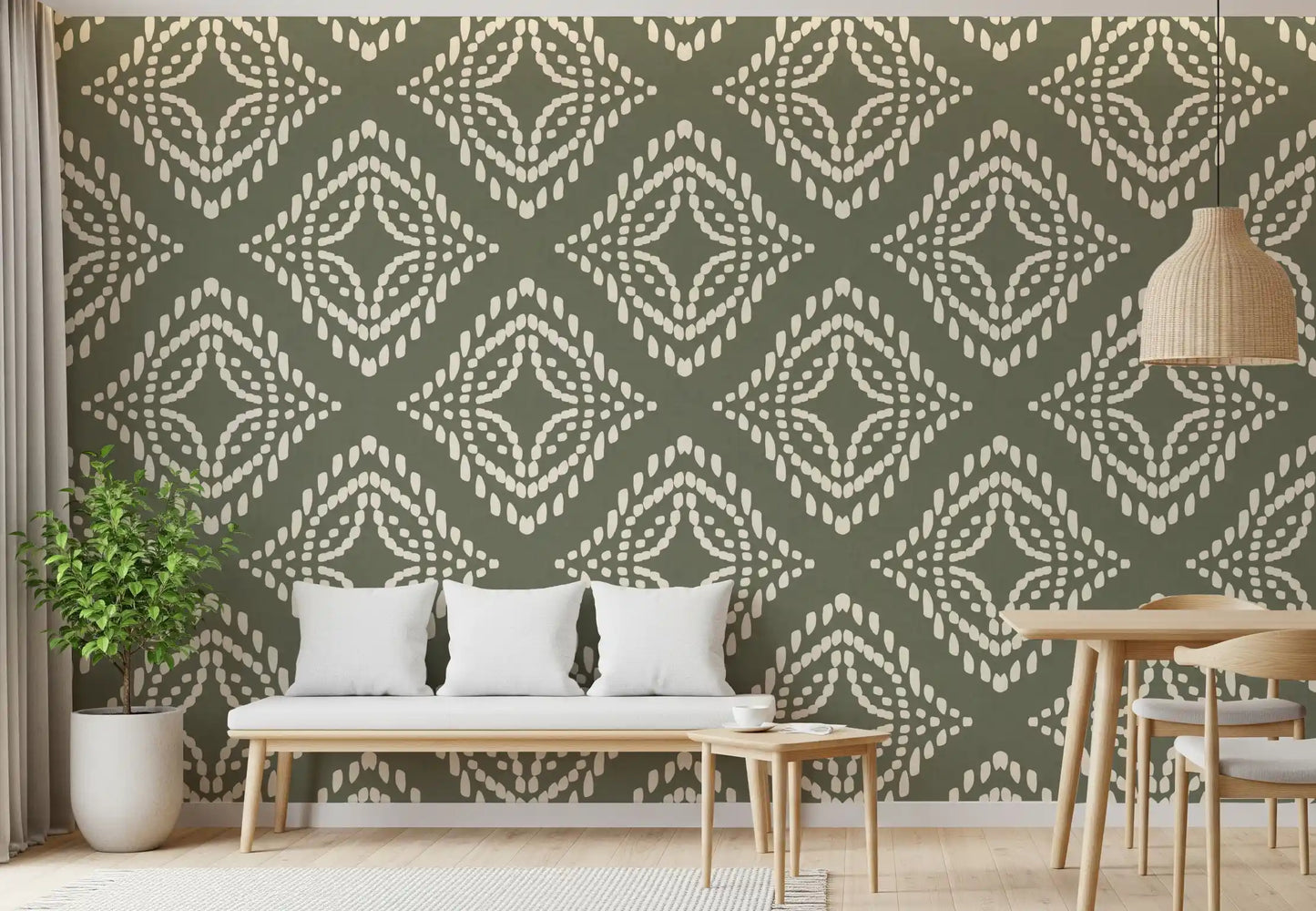Blocktryck Ornament Palm Grön Canvas Tapet