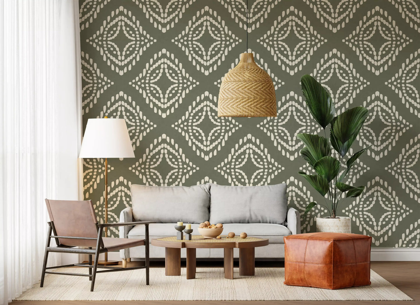 Blocktryck Ornament Palm Grön Canvas Tapet