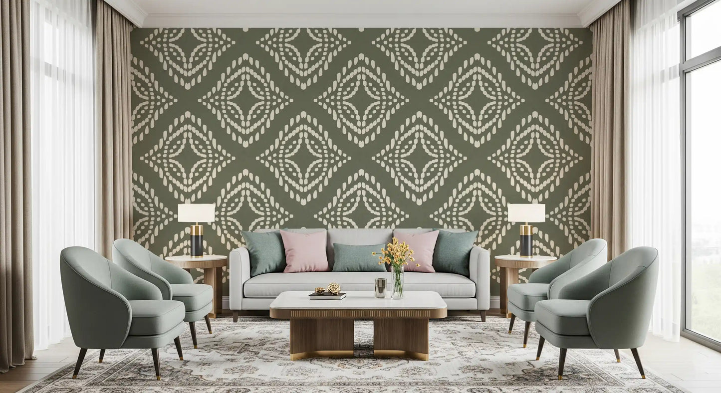 Blocktryck Ornament Palm Grön Canvas Tapet
