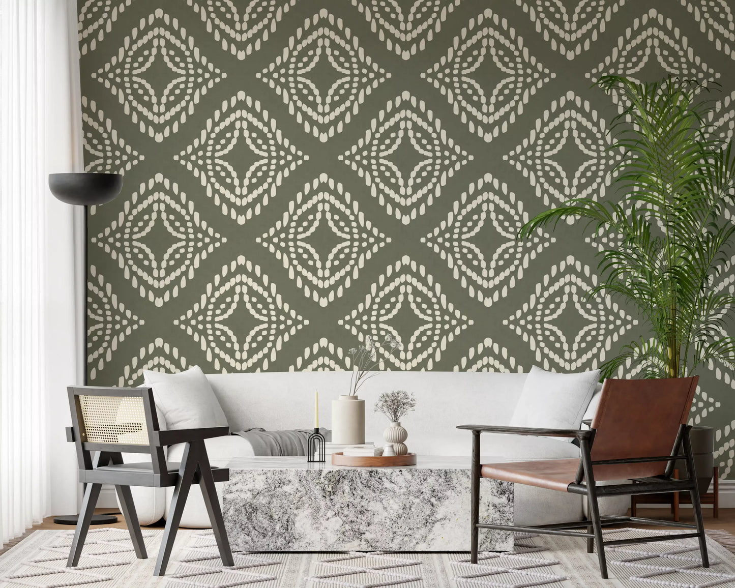 Blocktryck Ornament Palm Grön Canvas Tapet