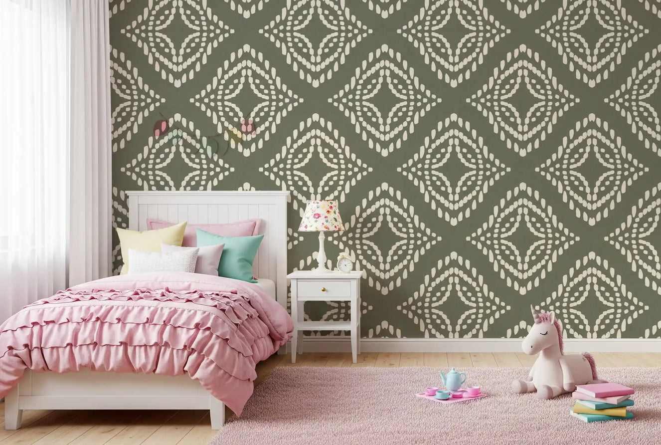 Blockdruck Ornament Palmen Grün Leinwand Tapete