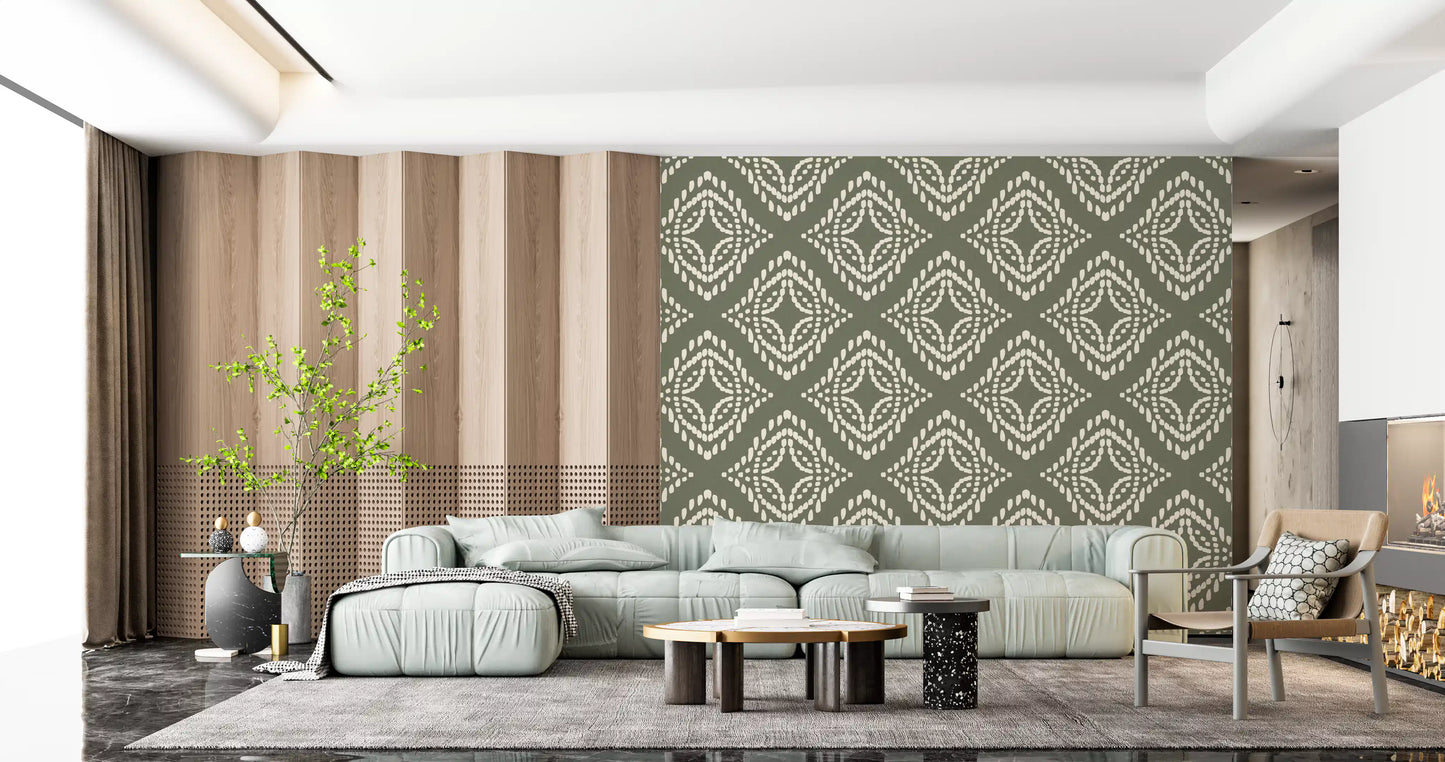 Blocktryck Ornament Palm Grön Canvas Tapet