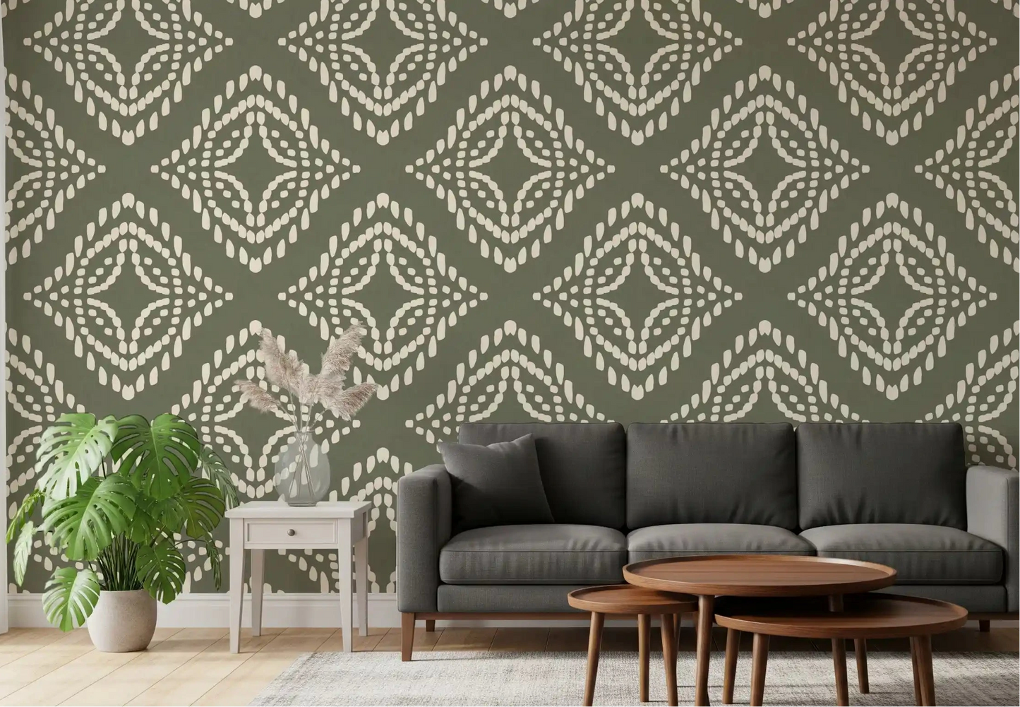 Blocktryck Ornament Palm Grön Canvas Tapet