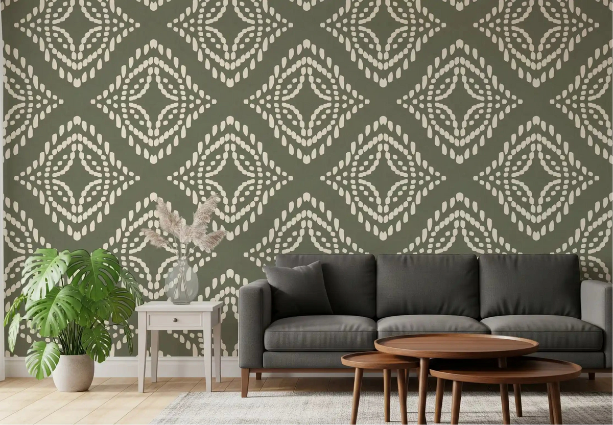 Palm green block ornament wallpaper sets a calm tone in this living room