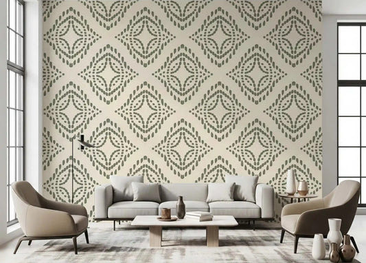 Palm green block ornament wallpaper sets a calm boho mood in a bright living room