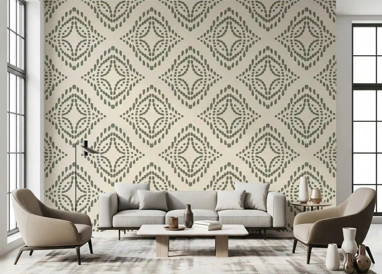 Palm green block ornament wallpaper sets a calm boho mood in a bright living room