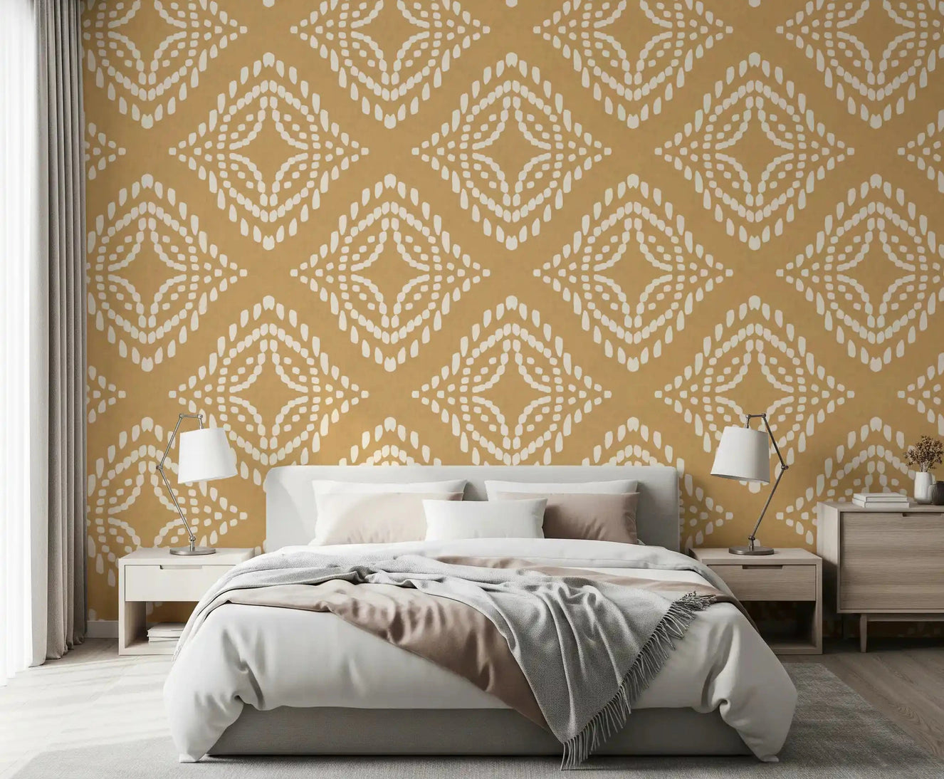 Block Print Ornament Sand wallpaper warming a calm neutral bedroom
