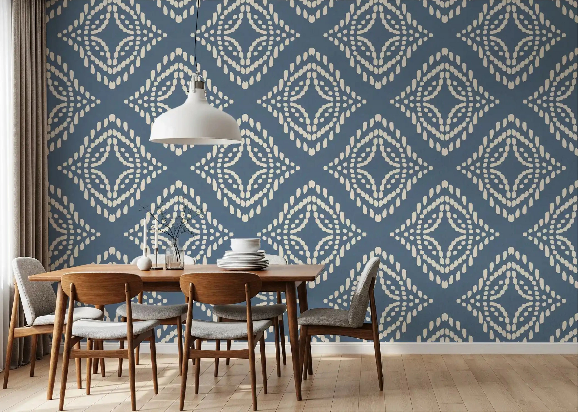 Block print ornament slate blue canvas wallpaper anchors this dining room calmly