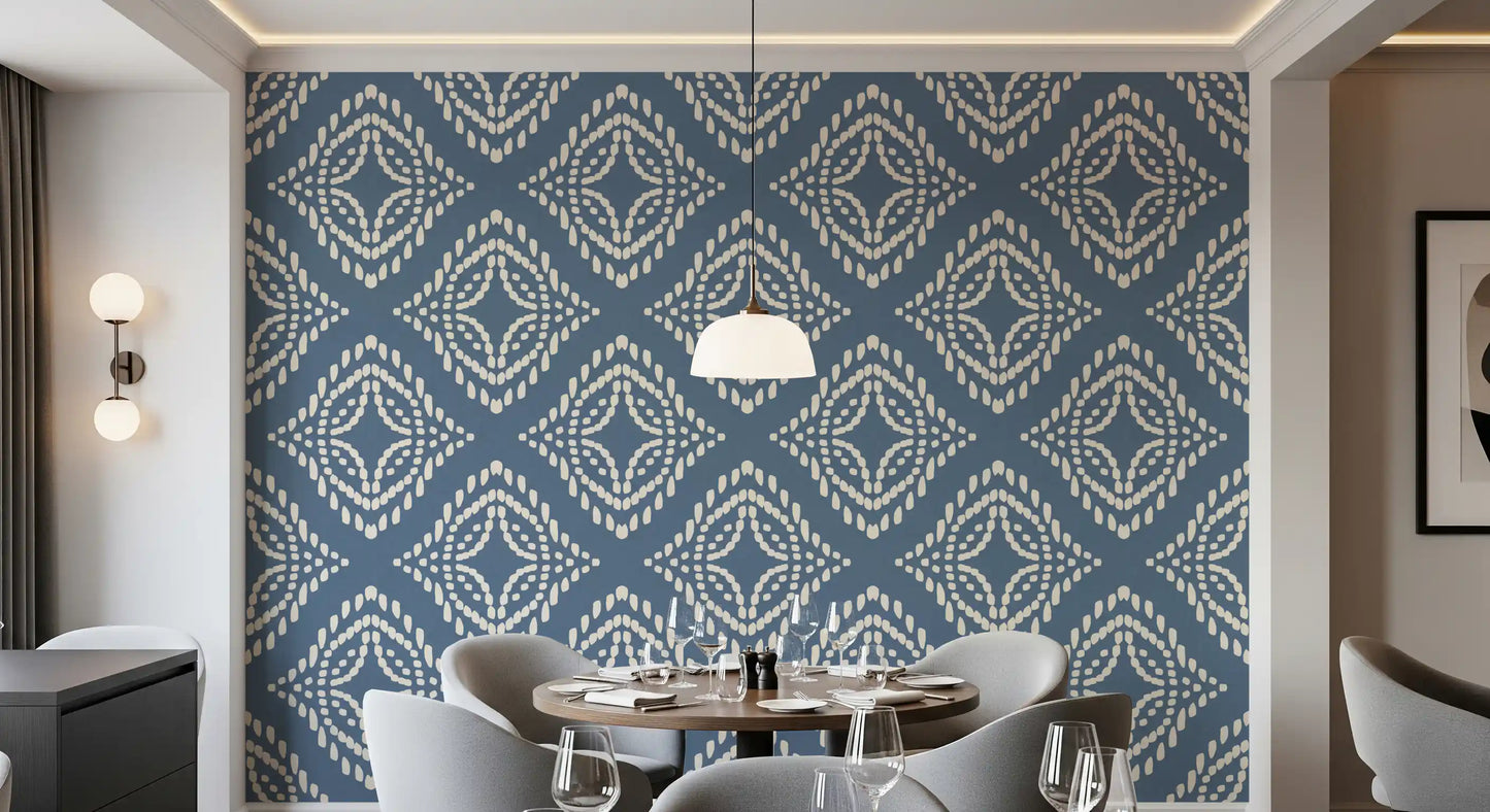 Cream dashes gather into a sharp diamond at the core of this canvas wallpaper