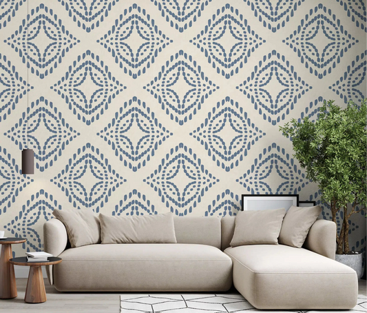Living room anchored by a block print ornament wallpaper in slate blue