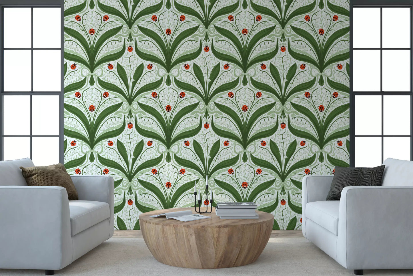 Papel de parede simétrico com lírio-do-vale e joaninhas em verde, branco e vermelho