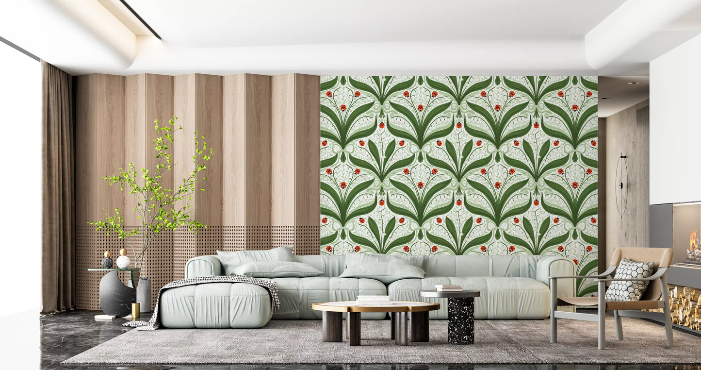 Papel de parede simétrico com lírio-do-vale e joaninhas em verde, branco e vermelho