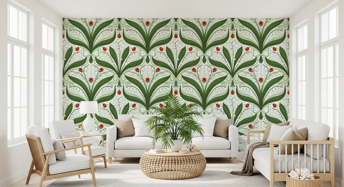 Papel de parede simétrico com lírio-do-vale e joaninhas em verde, branco e vermelho