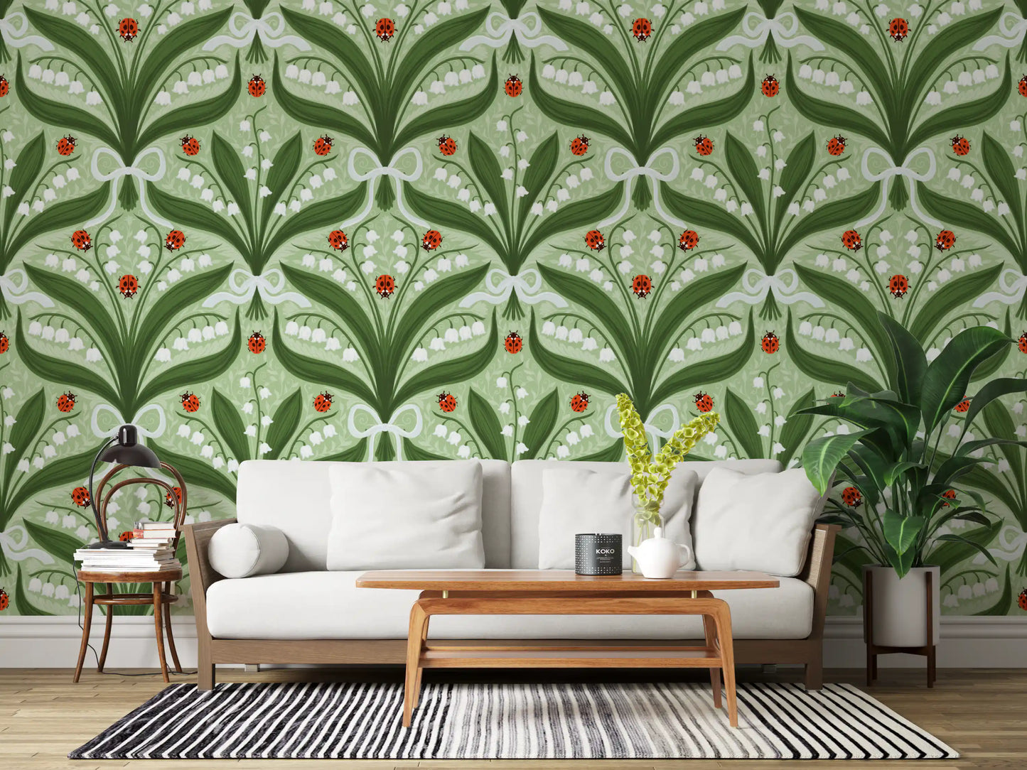 Lírio-do-vale e joaninhas simetria em verde, branco e vermelho 2 Papel de parede⁠