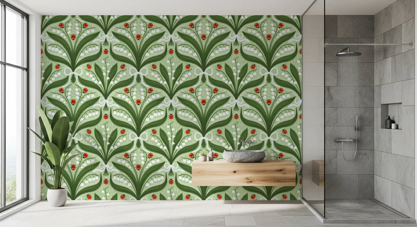 Lírio-do-vale e joaninhas simetria em verde, branco e vermelho 2 Papel de parede⁠