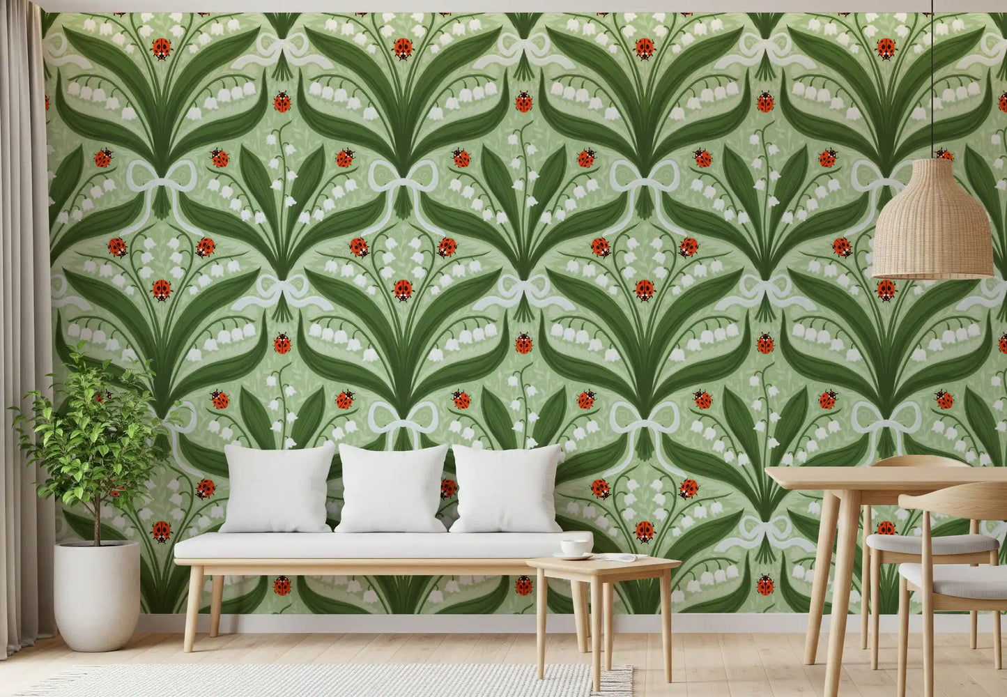 Lírio-do-vale e joaninhas simetria em verde, branco e vermelho 2 Papel de parede⁠