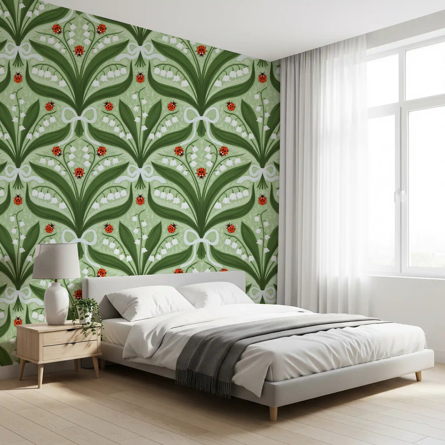 Lírio-do-vale e joaninhas simetria em verde, branco e vermelho 2 Papel de parede⁠