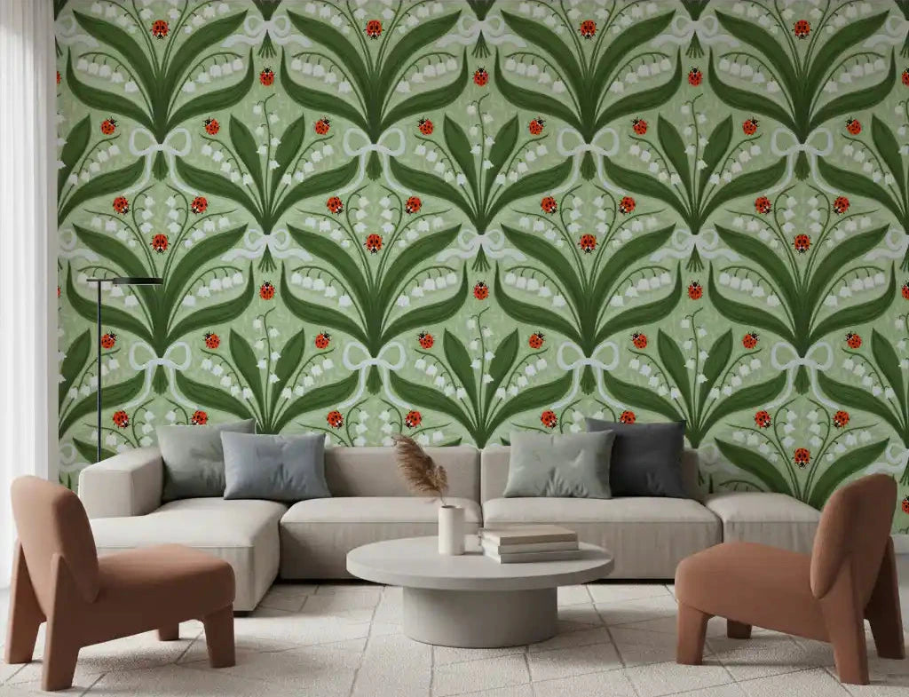 Lily of the valley ladybug wallpaper gives a calm living room folk symmetry