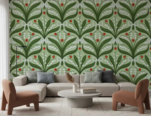 Lily of the valley ladybug wallpaper gives a calm living room folk symmetry