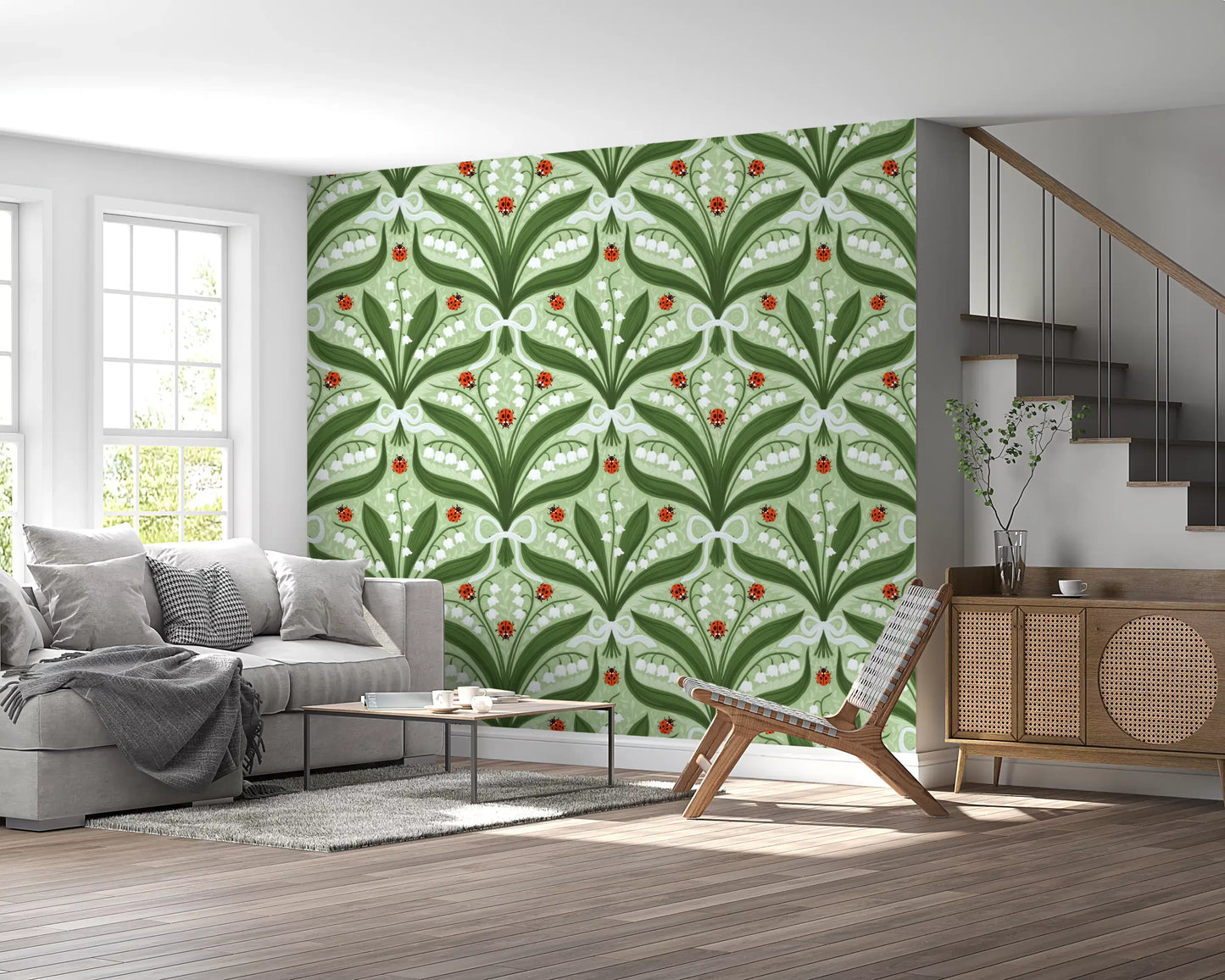 Lírio-do-vale e joaninhas simetria em verde, branco e vermelho 2 Papel de parede⁠