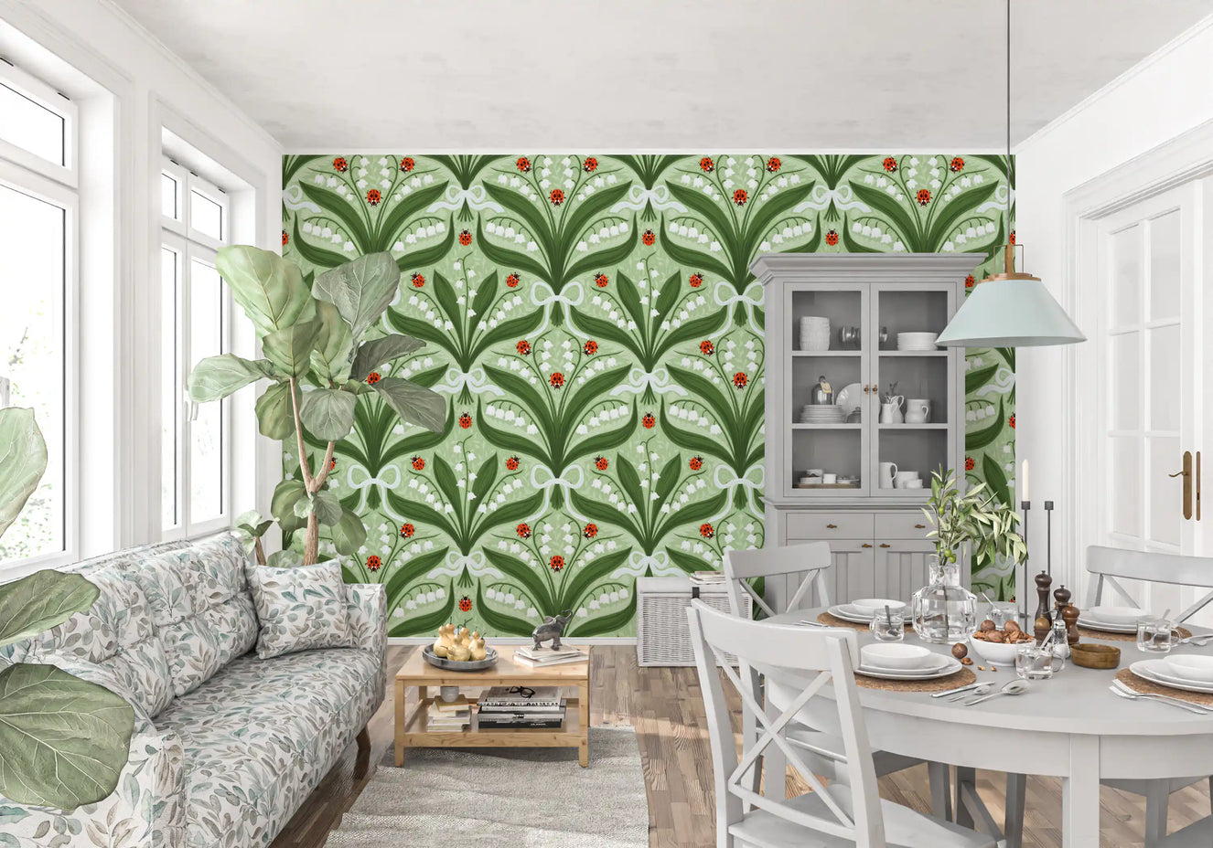 Lily of the valley and ladybugs symmetry in green, white and red 2 Wallpaper⁠