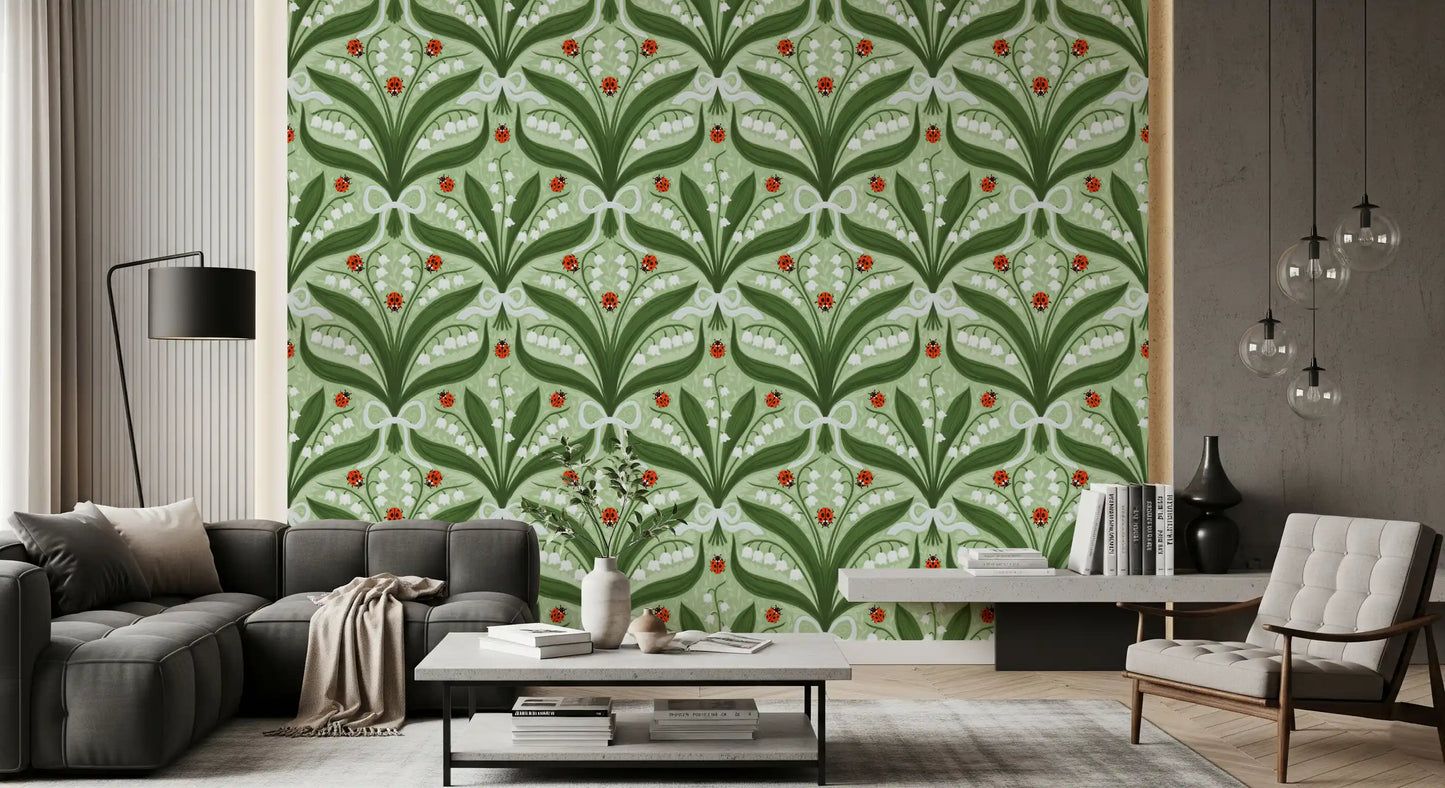 Lírio-do-vale e joaninhas simetria em verde, branco e vermelho 2 Papel de parede⁠