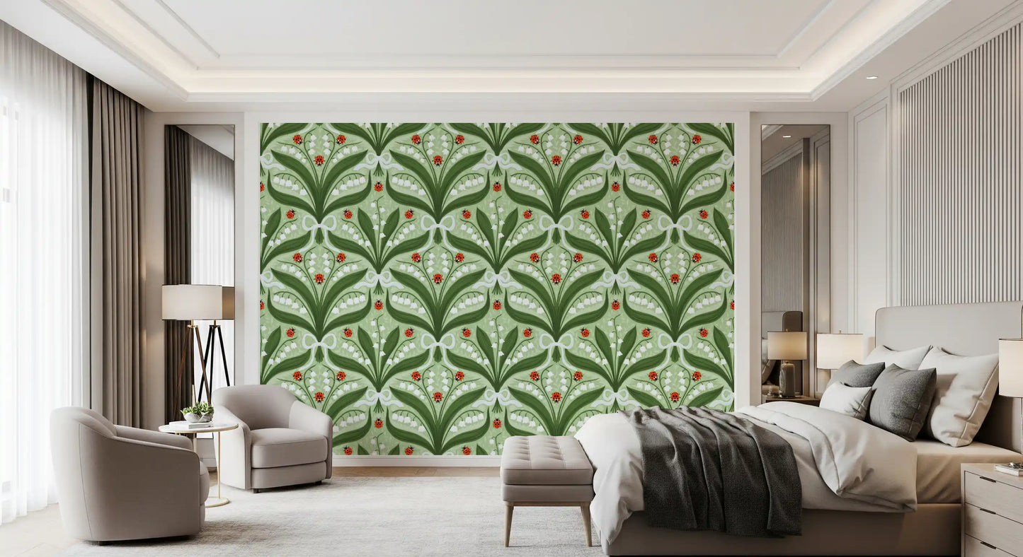 Lírio-do-vale e joaninhas simetria em verde, branco e vermelho 2 Papel de parede⁠