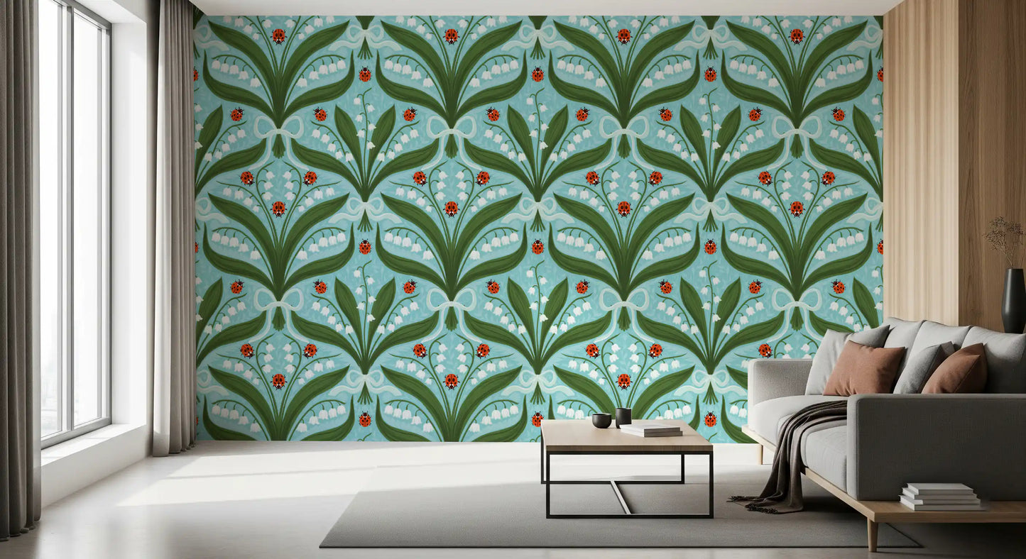Symétrie de muguet et coccinelles en vert, blanc et rouge 3 Papier peint⁠