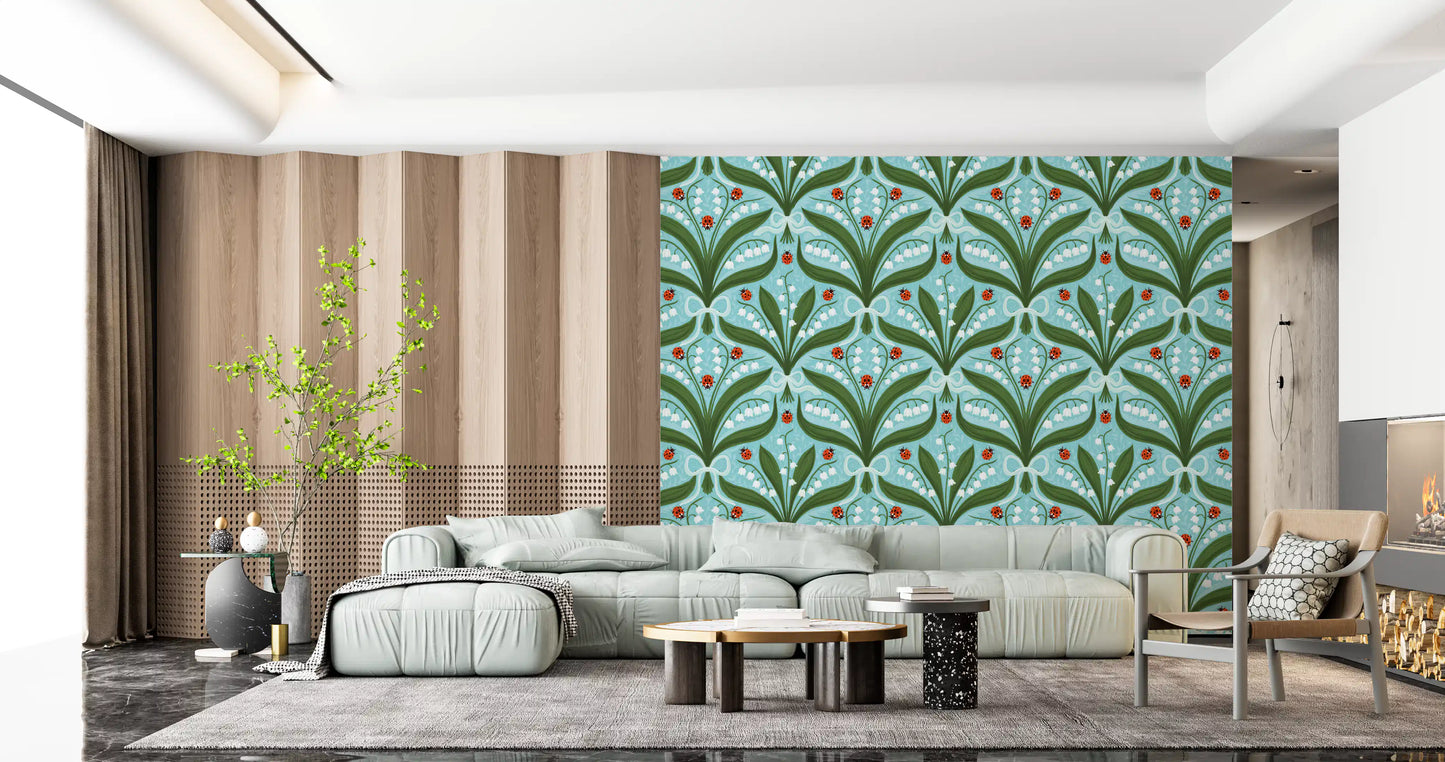 Symétrie de muguet et coccinelles en vert, blanc et rouge 3 Papier peint⁠