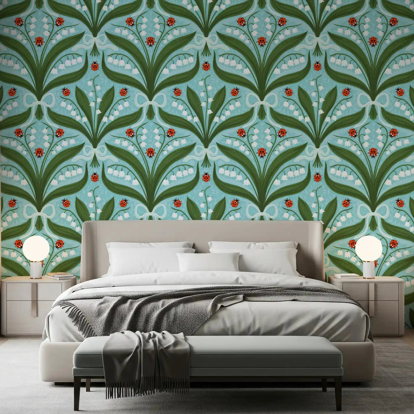 Lily of the valley wallpaper lifting a calm bedroom with fresh botanical colour