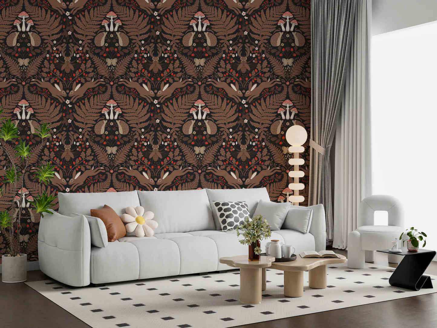 Bright Living room set against woodland creature wallpaper in red and brown