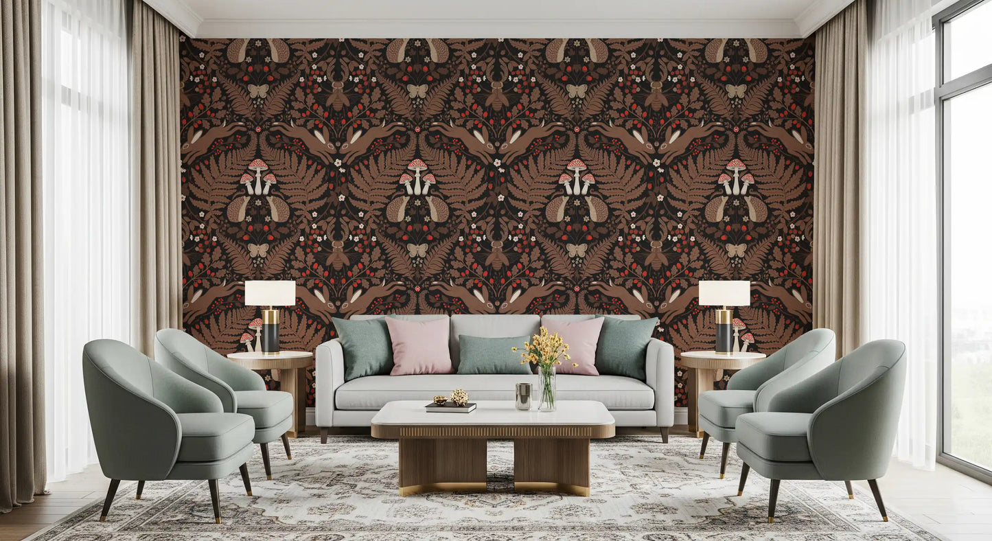 Living room grounded by mirrored woodland animal wallpaper in warm brown