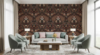 Living room grounded by mirrored woodland animal wallpaper in warm brown