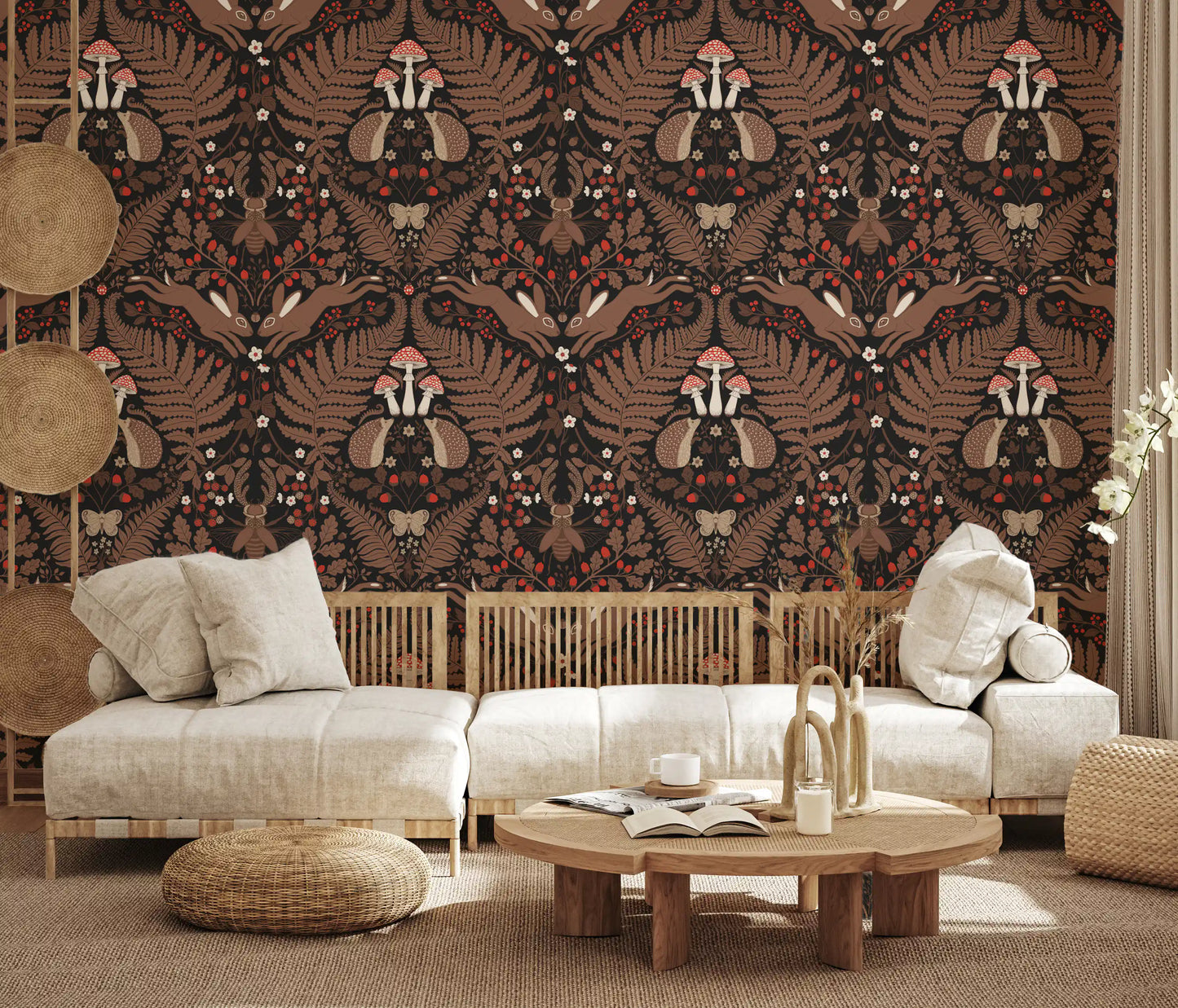 Hedgehogs and hares nestle among ferns across this red and brown wallpaper