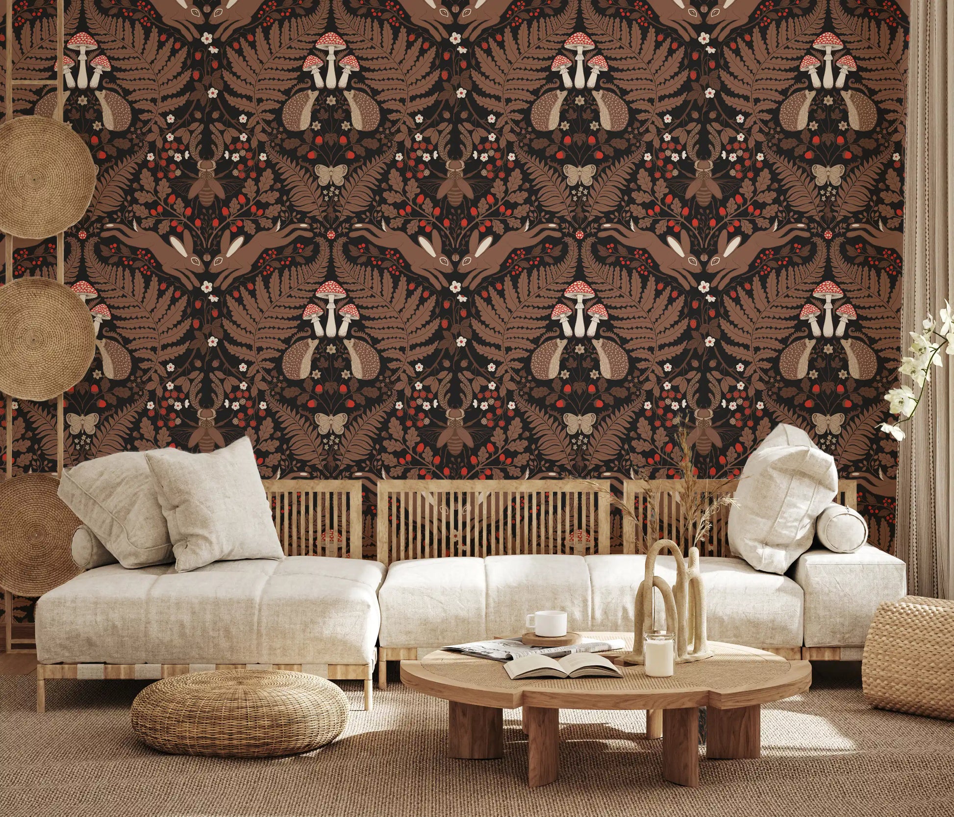 Hedgehogs and hares nestle among ferns across this red and brown wallpaper