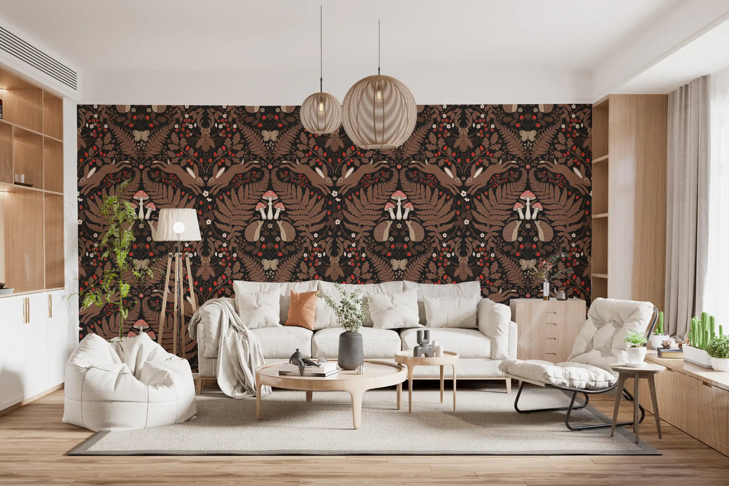 Woodland animals and plants wallpaper in warm brown on a near-black ground