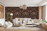 Woodland animals and plants wallpaper in warm brown on a near-black ground