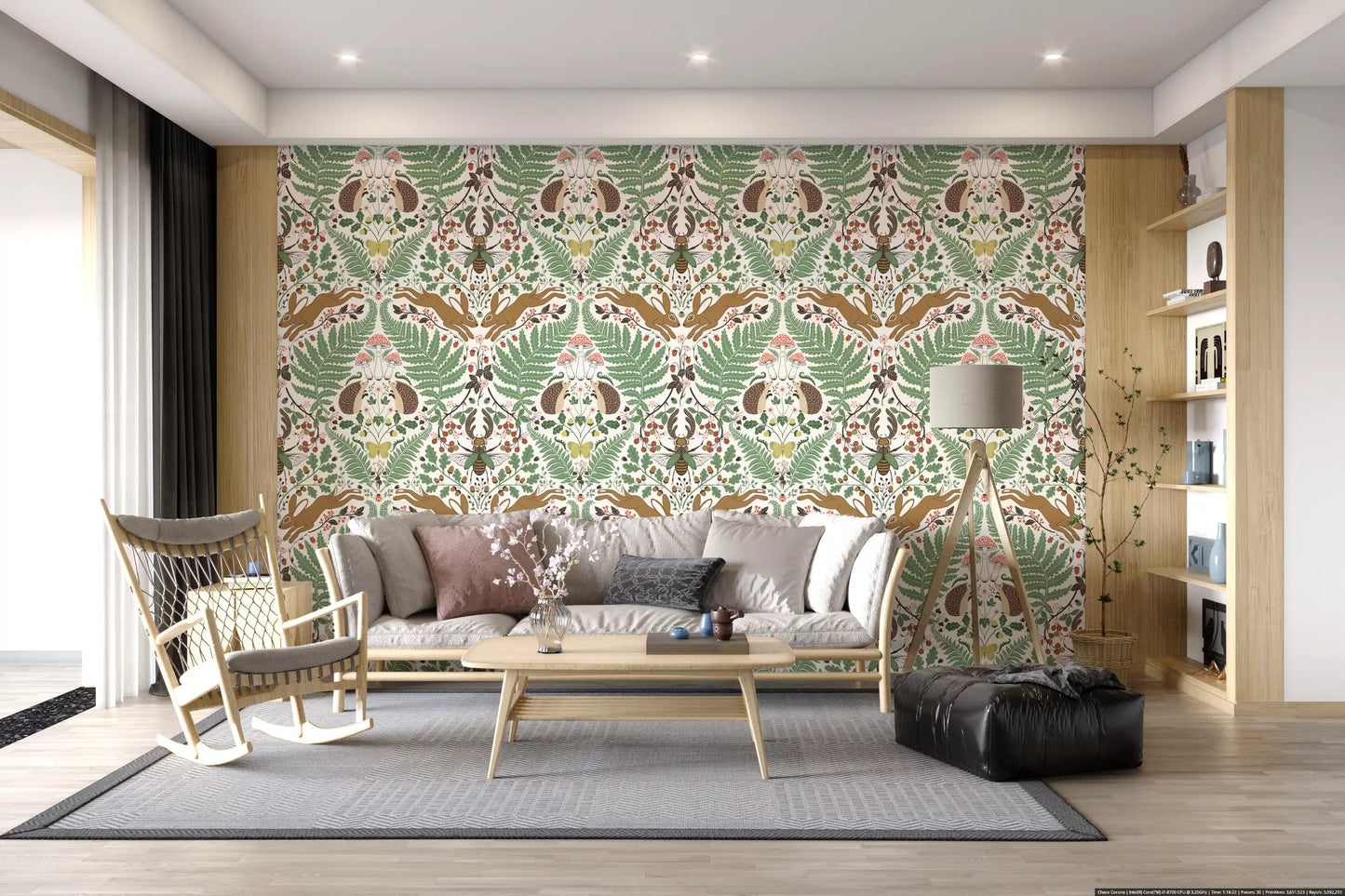 Woodland animals and plants in sage and ochre Wallpaper⁠