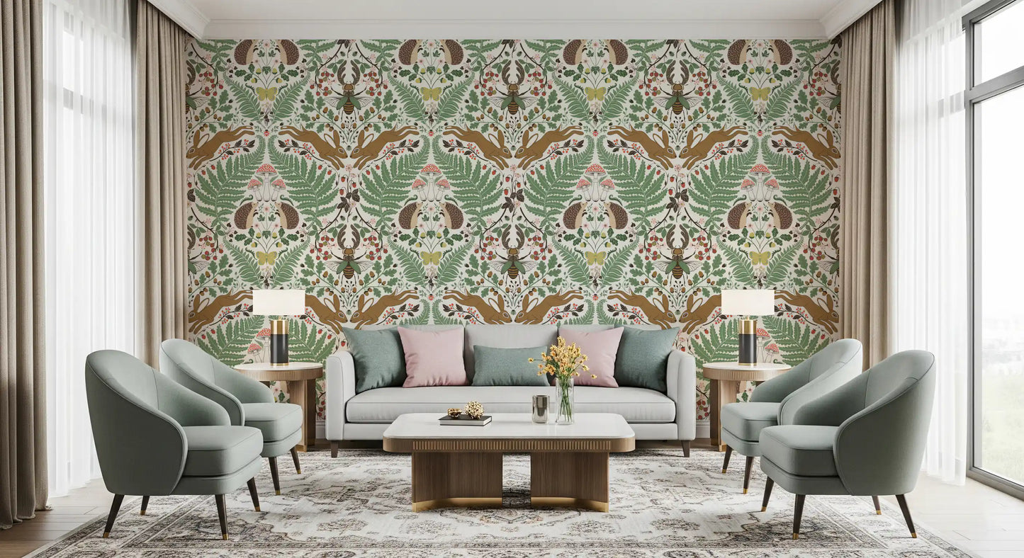 Woodland animals and plants in sage and ochre Wallpaper⁠