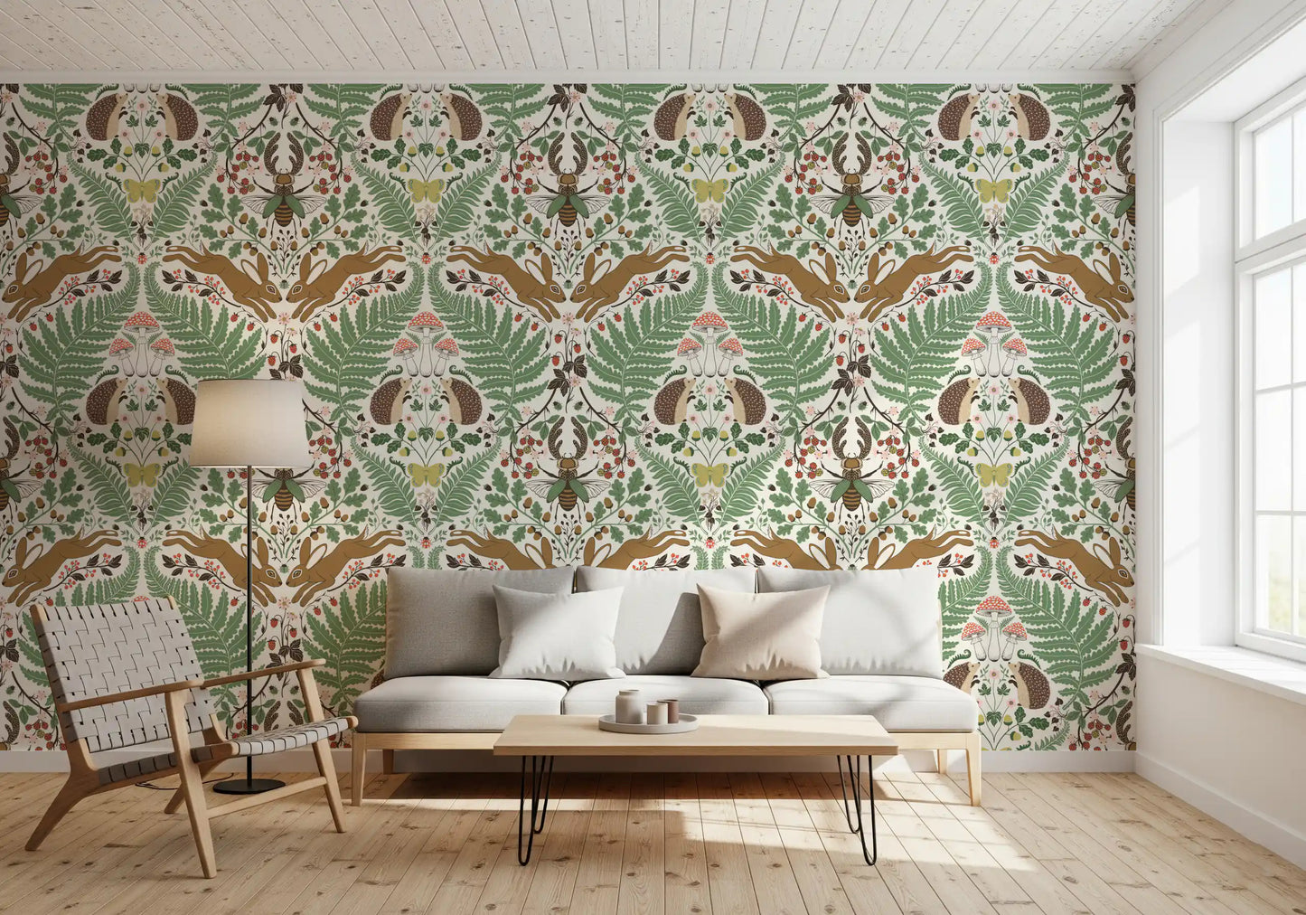 Woodland animals and plants in sage and ochre Wallpaper⁠