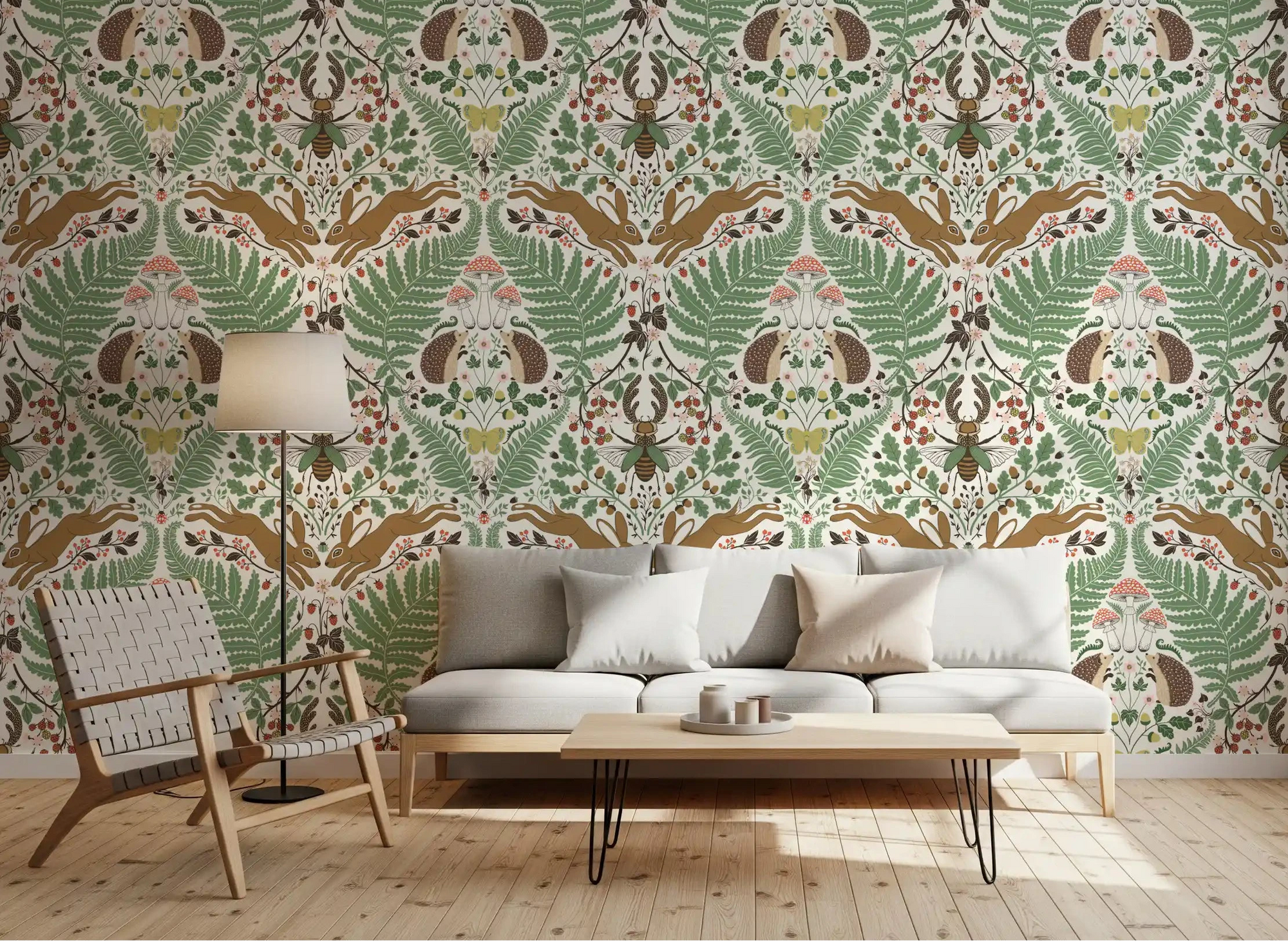 Woodland animals wallpaper in sage and ochre warms a calm living room