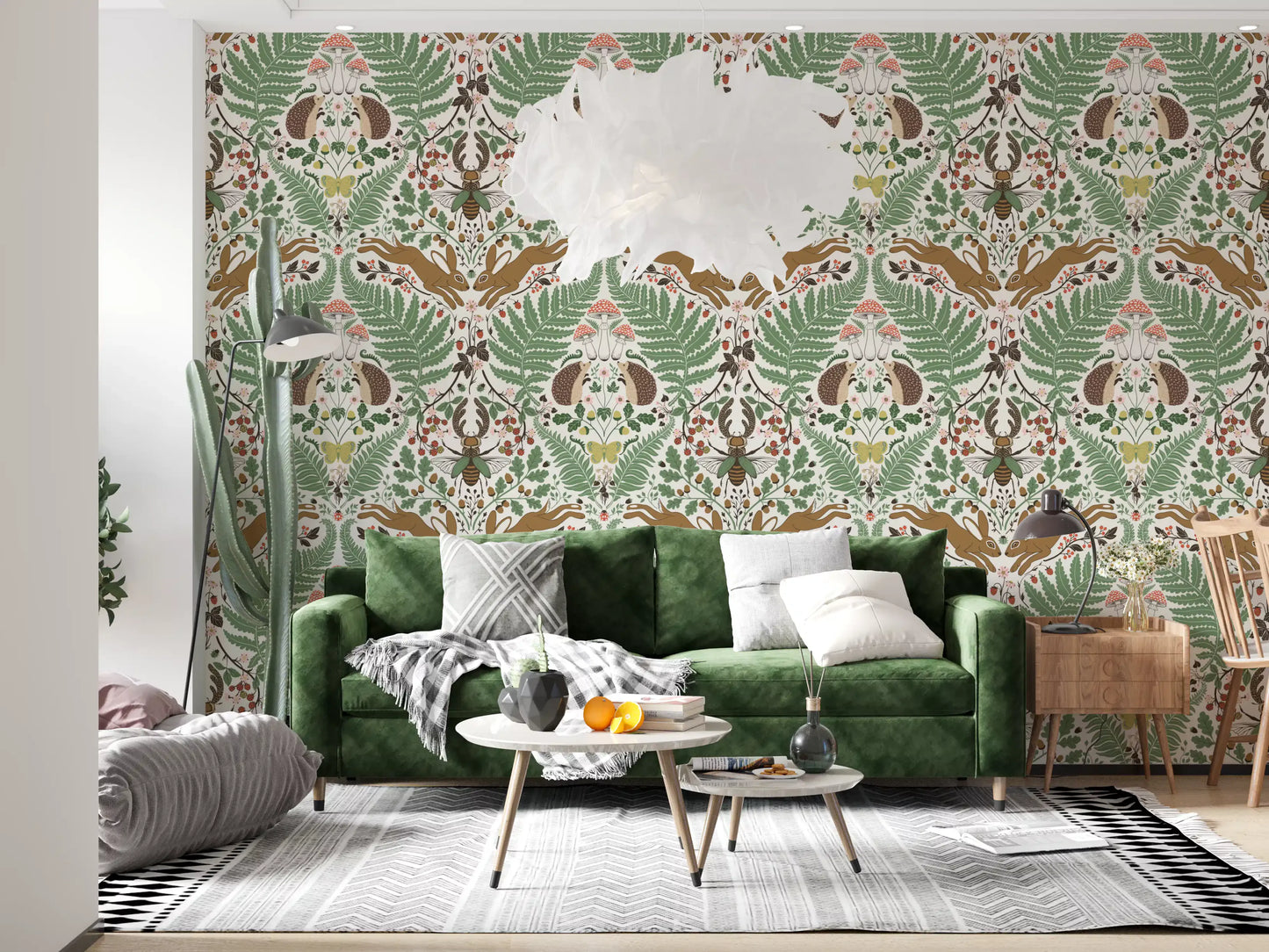 Woodland animals and plants in sage and ochre Wallpaper⁠