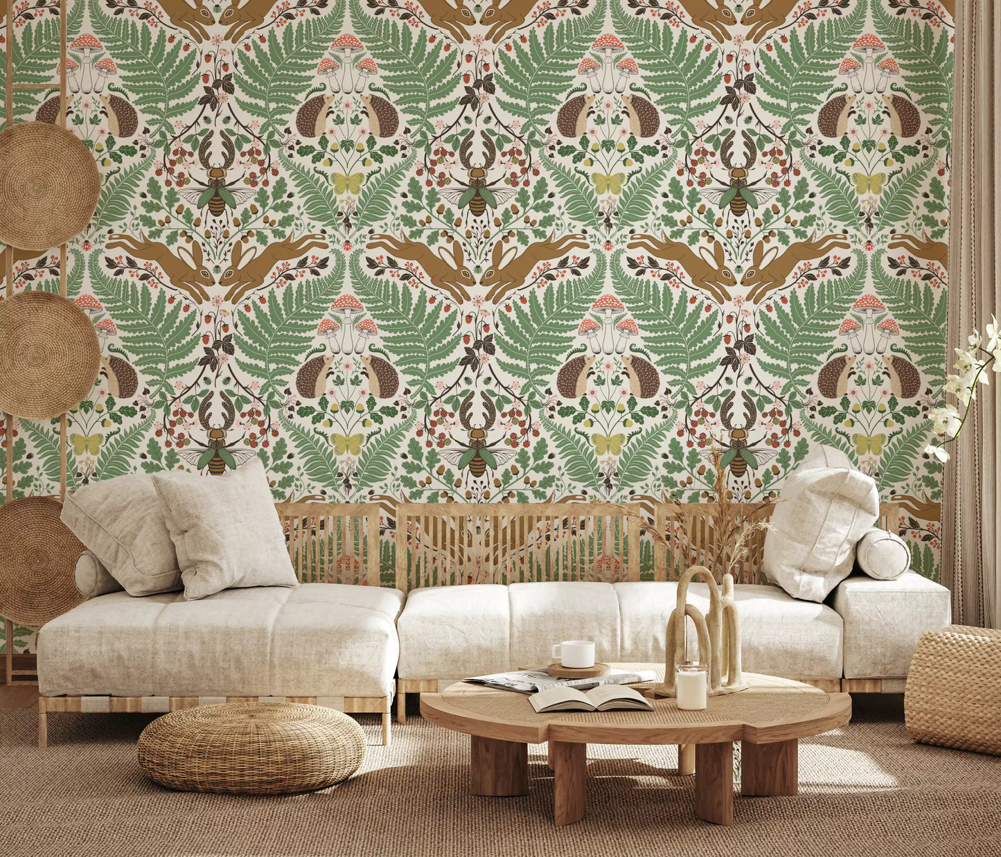 Woodland animals and plants in sage and ochre Wallpaper⁠