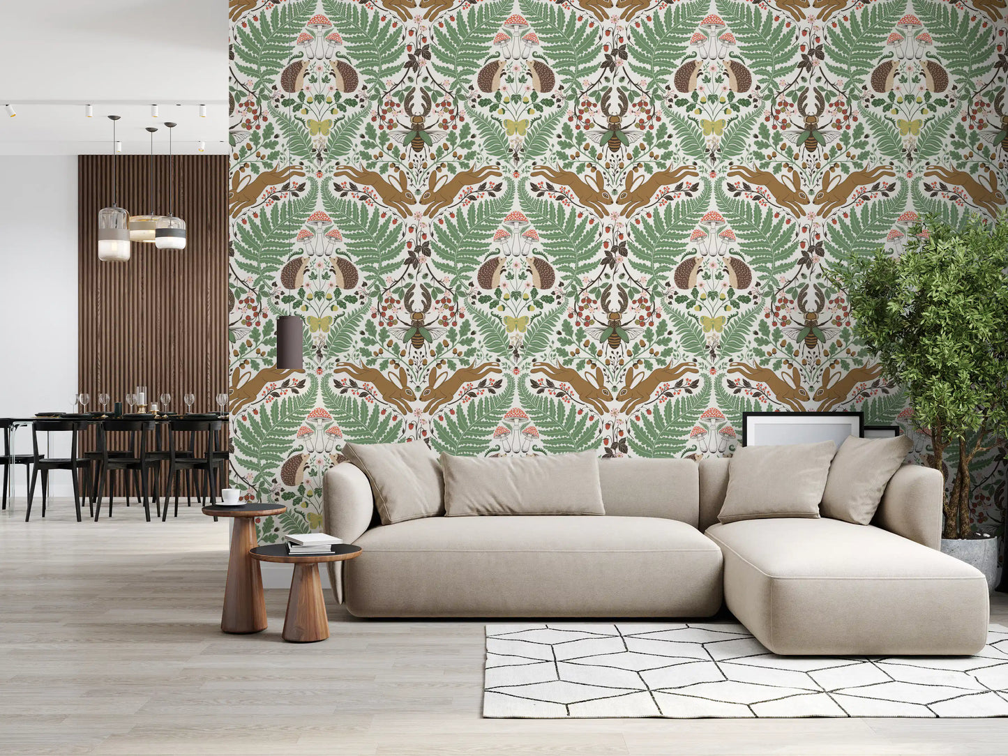 Woodland animals and plants in sage and ochre Wallpaper⁠