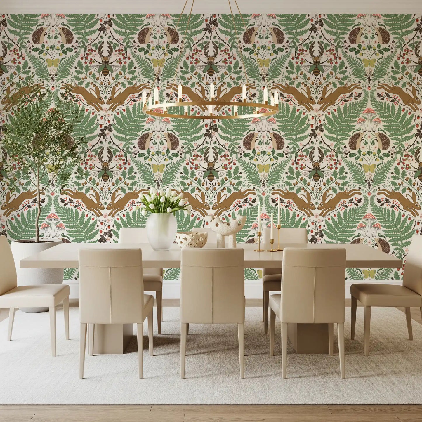 Woodland animals and plants in sage and ochre Wallpaper⁠