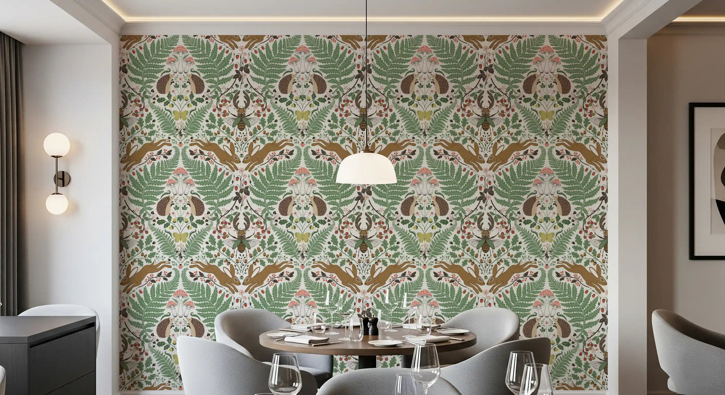Woodland animals and plants in sage and ochre Wallpaper⁠