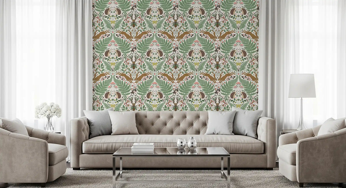 Woodland Animals Wallpaper in Sage Green and Ochre