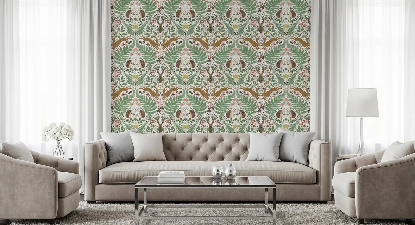 Woodland animals and plants in sage and ochre Wallpaper⁠